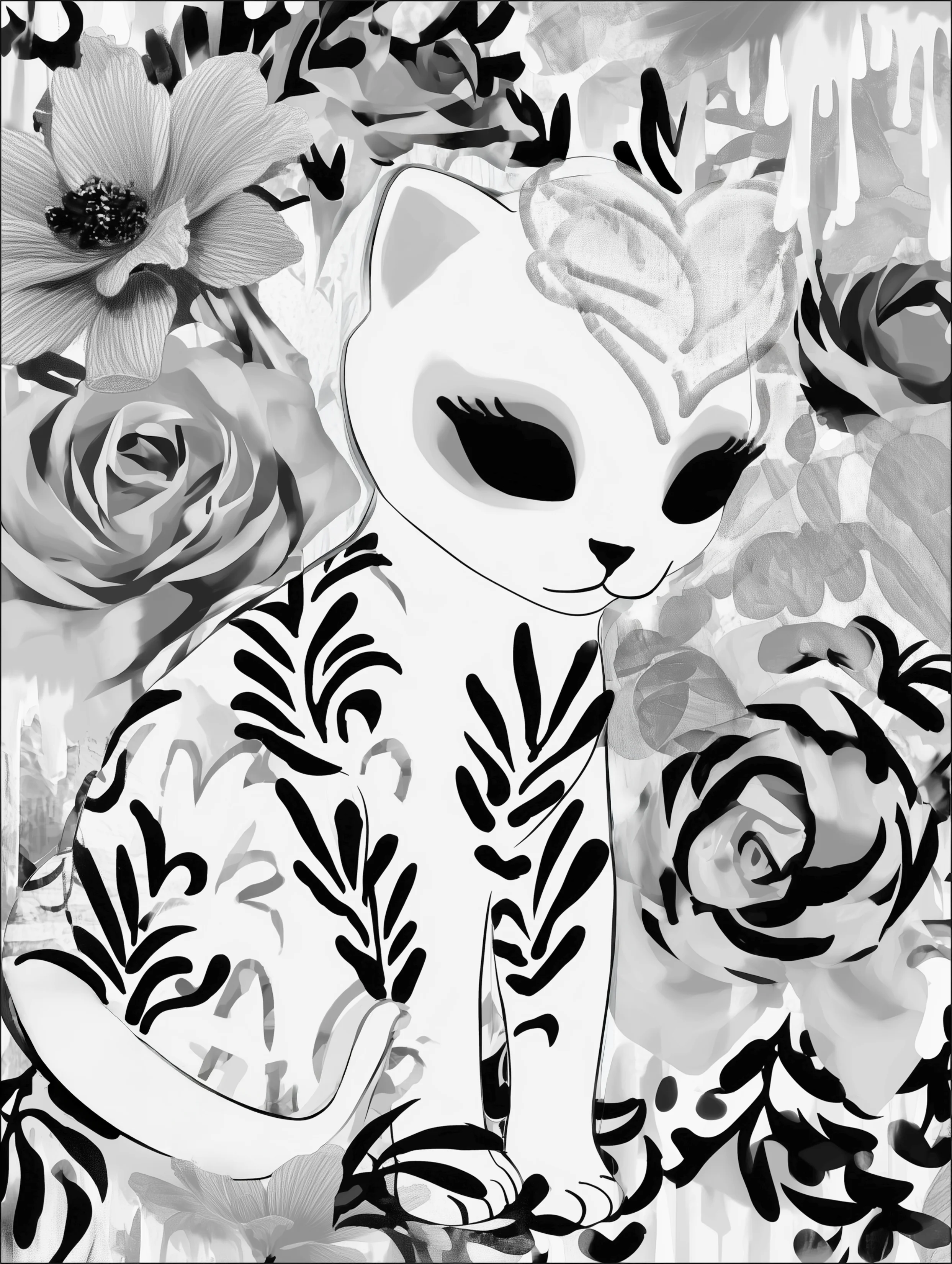 Free printable kitten coloring page featuring leaves design on kitten